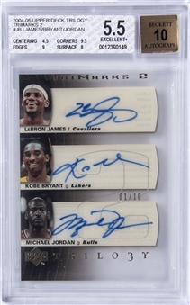 2004-05 UD Trilogy Trimarks 2 #JBJ LeBron James/Kobe Bryant/Michael Jordan Signed Card (#01/10) - BGS EX+ 5.5/BGS 10  